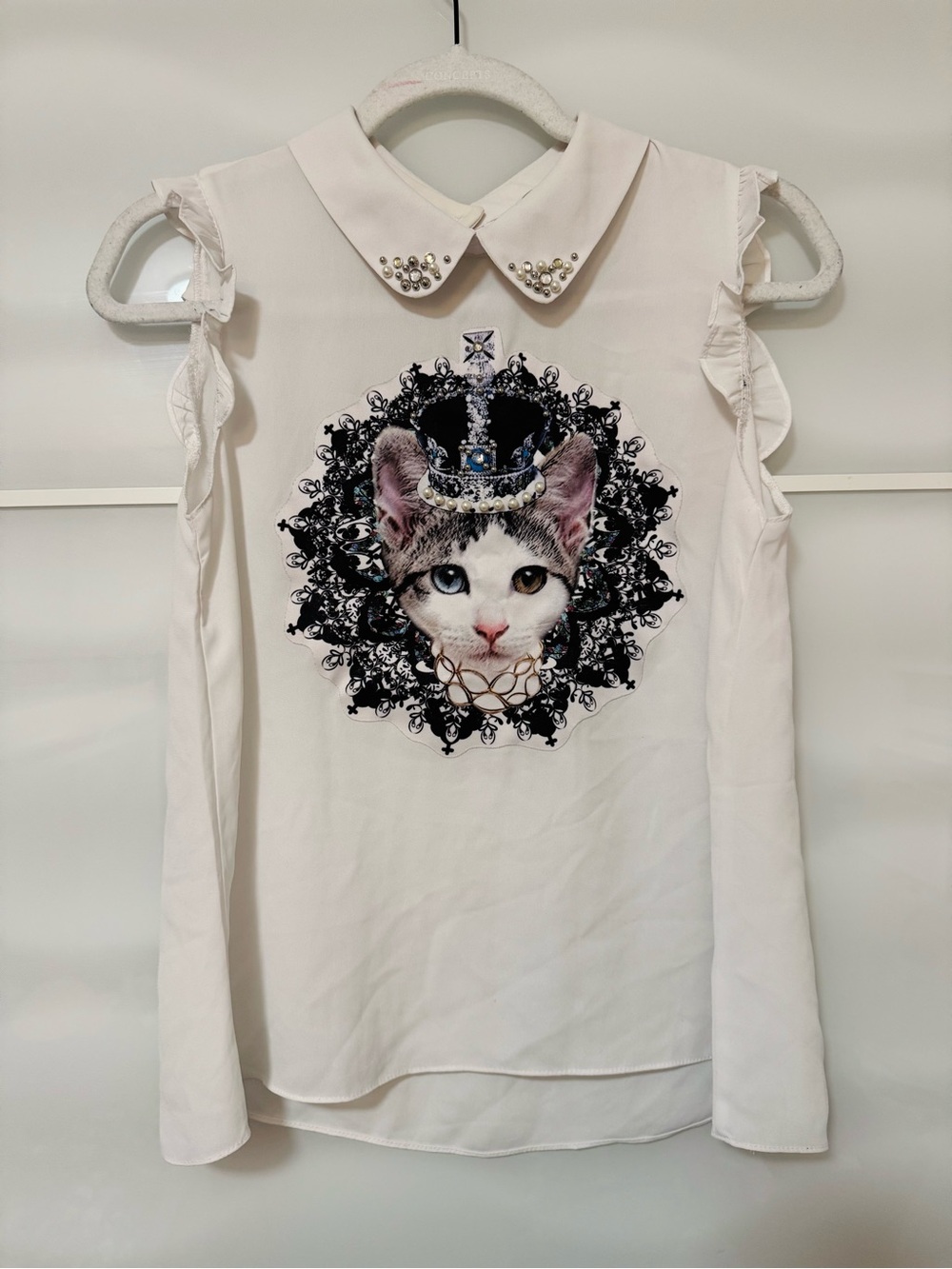 kitty cat pearl crystal embellished top sleeveless blouse collar s m